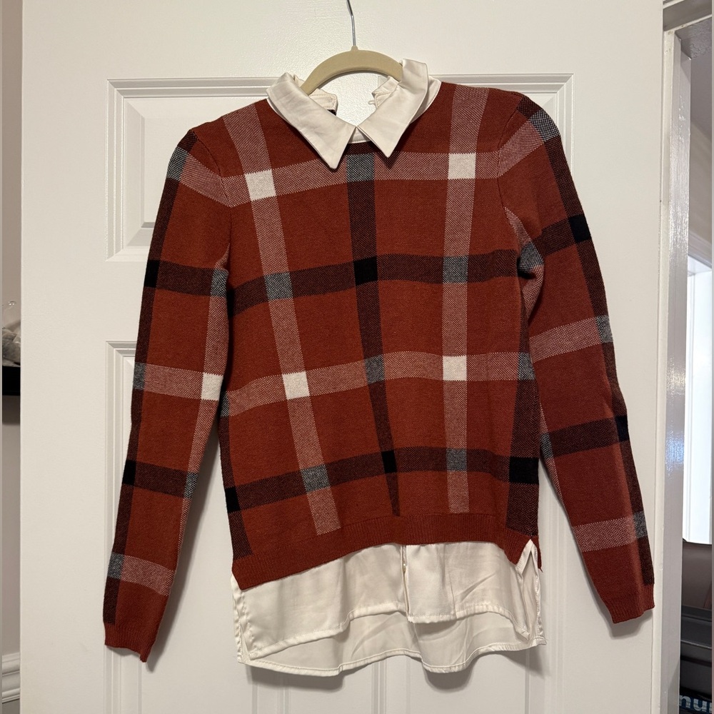 Tahari Rust Plaid Sweater with Layered Collar